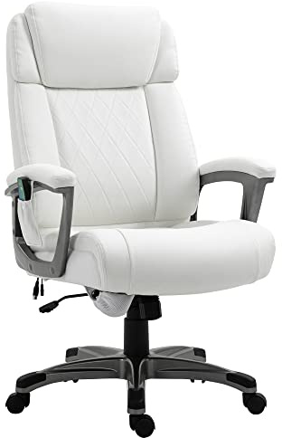 Vinsetto Massage-Bürostuhl 6-Punkt-Massage-Drehstuhl ergonomischer Stuhl Einstellbare aus Kunstleder mit gewölbter Kopfstütze und Armlehne Weiß 70 x 76,5 x 114-124 cm