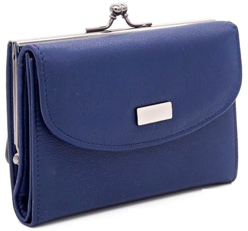 Charmoni - Portefeuille Femme - Porte Monnaie Fermoir clic clac - Porte Carte Crédit - en Cuir De Vachette Véritable (Cuir, Bleu)