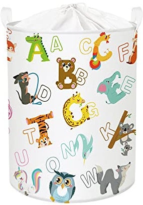 Clastyle 45L Weiß Tier Buchstabe Wäschekorb Kinder, Aufbewahrungskorb Kinderzimmer Wäschesammler für Kleidung Spielzeug, 36x45 cm