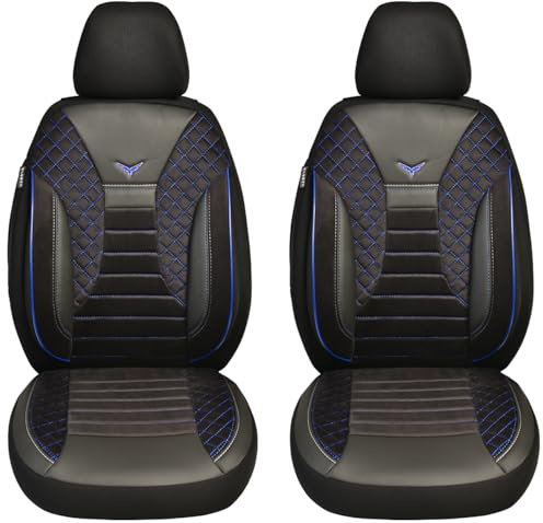 BREMER SITZBEZÜGE Maß Auto Schonbezüge kompatibel mit VW Grand California Fahrer & Beifahrer Set ab 2019 / Auto Schonbezug Velour Kunstleder Set 2er Pack in Schwarz/Blaue Naht (PS806)