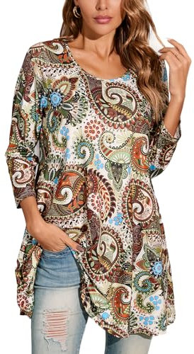Enmain Womens Long Sleeve Tunic Top Loose Blouse T Shirt Ladies Swing Dress Top for Leggings Elegant Stretch Round Neck Longline Tunics for Old Women XXL