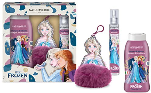 Naturaverde | Kinder – Disney Frozen – Pon Pons Geschenkset, Shampoo und Spülung 250 ml und Glitzer-Haarspray 75 ml, mit Pompon-Schlüsselanhänger