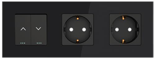 PULSAR Rolladentaster mit 2 Steckdosen Unterputz Glas Schwarz 3-Fach - Jalousietaster Rollo/Rouleau/Jalousette Taster mit 2x Steckdose 228 x 86mm