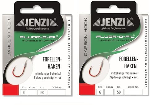 Set: 2 Packungen JENZI gebundene Forellenhaken (12 Stück) an Fluoro-Carbon Schnur, 50cm Hakengröße 4, 6, 8, 10 & 12 je nach Auswahl + gratis Petri Heill! Aufkleber