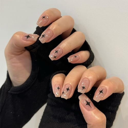 24pcs Short Square Glitter Pink Stick-on Nails With Black Star Rhinestone - Press-on, Removable, Full Cover Fake Nails for Women and Girls - Nail Art Accessories