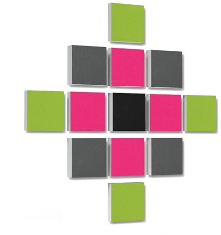 platino24 Akustikpaneele 13 Elemente 3D-Set Colore Quadrat 27,5 x 27,5 cm Multicolore I Schallabsorber aus Basotect G+ mit Akustikfilz I Schalldämmung Wand & Decke I Akustikelemente Wandpaneel