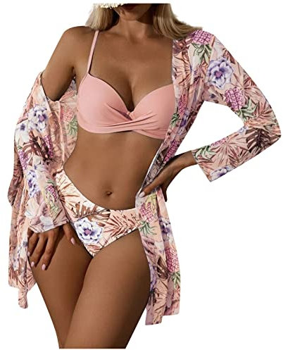 Bikini Damen, Bikini Damen Set Mit Bügel Bügel Bikini Damen Bikini Hose Hoch Geschnitten Sexy Push Up Triangel Bikini Summer Sport Swimsuit V Ausschnitt Blumenmuster Bikini Set (A04,S)