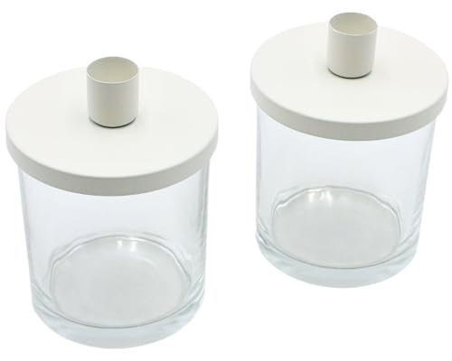 Dekohelden24 Stabkerzenhalter - Dekorationsglas - Glas mit Deckel für 1 Stabkerze als 2er Set, weiß, Glas zum individuellen Dekorieren, Größe H/Ø: ca.12 x 9 cm