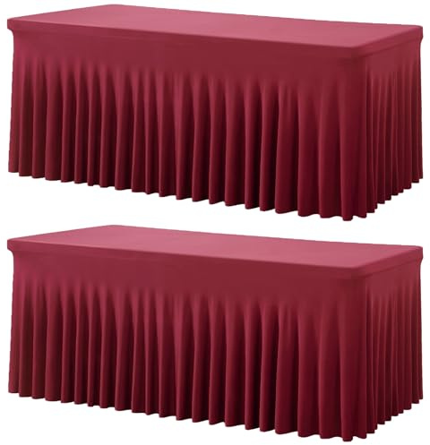 Htper Spandex-Tischdecken für rechteckige Tische, knitterfrei, 1,8 m, kastanienbraun, Stretch-Tischdecken mit Rock, für Partys, Hochzeiten, Geburtstage, Bankette, Babypartys, 2 Stück, Burgunderrot