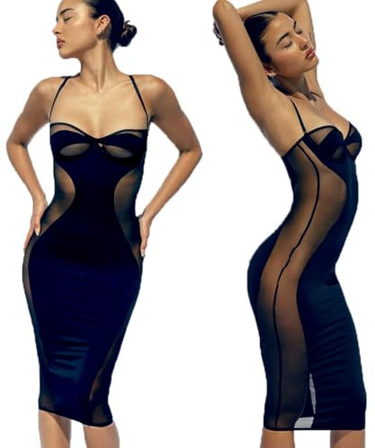 OhMill Sexy Black Dress - Tight Bodycon Dress with See Through Mesh Lace and Transparent Panels