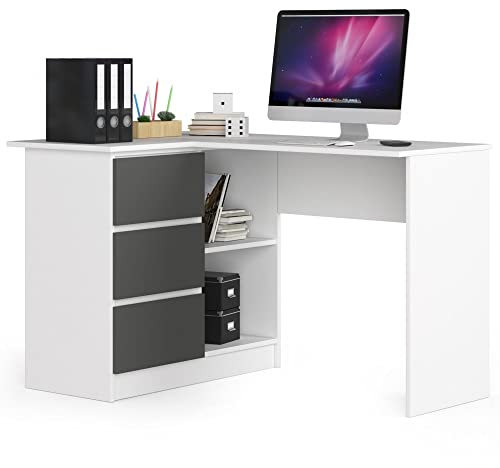 AKORD Eck-Schreibtisch B-16 mit 3 Schubladen und 2 Ablagen | Schreibtisch | ecktisch | Eck Schreibtisch für Home Office | Einfache Montage | B124 x H77 x T85, 48 kg Weiß & Graphitgrau Front