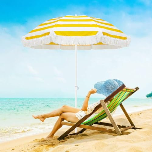 Sonnenschirm Strand 1,8 m Strandschirme mit Fransen, gelb, LSF 50+, Tischschirme für draußen, neigbarer Terrassenschirm, wasserdichter Marktschirm, höhenverstellbar für Garten, Deck, Hinterhof, Pool/