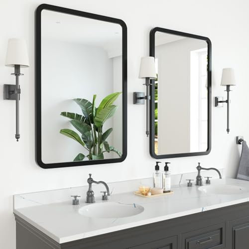 Luxbaro Paquete de 2 espejos de baño negros de 24 x 36 pulgadas para fregadero, espejo rectangular con marco de metal, espejo de tocador moderno de granja, montado en la pared