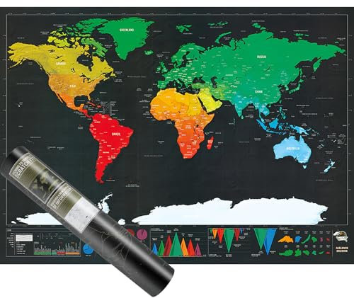 World Map Travel Gift, World Travel Scratch Map A3 Scratchable Poster Deluxe Scratch Off World Map Poster World Maps Wall Art, 42cm×30cm Black