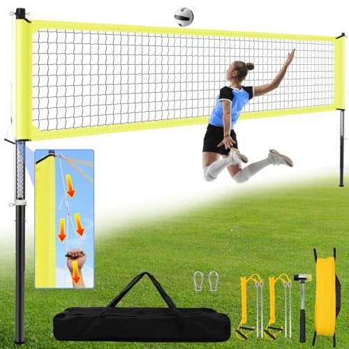 Wiseek Portable Volleyball Net for Backyard, Adjustable Outdoor Volleyball Net System,Anti-Sag Design and Aluminum Poles Volleyball Net for Grass and Beach-Yellow