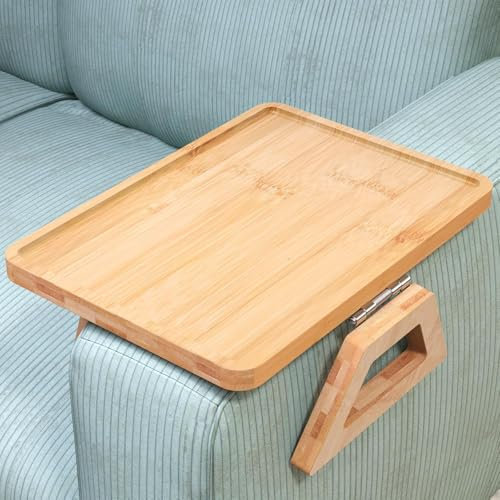 Fibogollo Sofa Tray,Bamboo Folding Couch Arm Tray,Sofa Armrest Trays Clip-On Couch Desk for Drinks,Snacks,Phone,Remote Control(Natural)