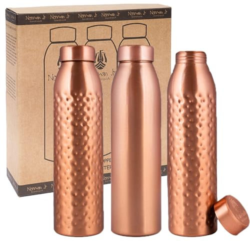 NORMAN JR Bouteille d'eau en cuivre de 1 L - Coffret cadeau de 3, 1 lisse, 2 martelées, un récipient ayurvédique en cuivre pur - vous aide à boire plus d'eau avec de nombreux bienfaits pour la santé