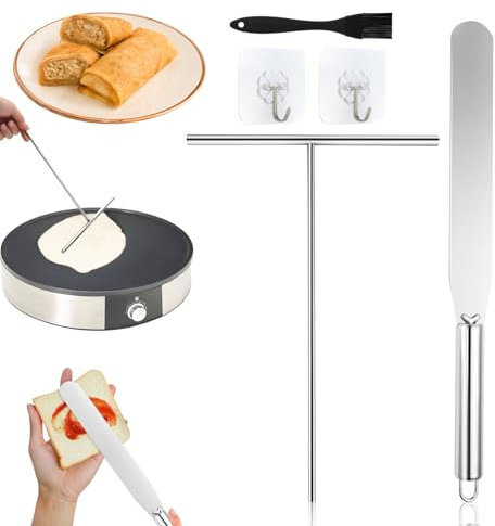 Set of 2 Crepe Distributors, Stainless Steel Crepes Spatula with 1 Silicone Brush + 2 Hooks, Crepe Maker Accessories, Crepe Dough Distributor for Making Crepes, Pancakes