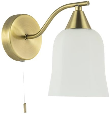 Traditional Pull Switched Downlighter Wall Light Fitting in Antique Brass with Opal White Glass Shade | 1 x 7w E14 | 19cm x 20cm x 12cm by Happy Homewares