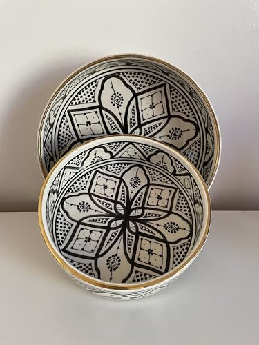 Générique Saladier Artisanal Marocain Noir et Blanc – Argile Blanche avec Liseré Or 12 Carats, 20 ou 25 cm, Hauteur 6 cm – Bol Fait Main Sans Plomb par Maîtres Potiers (25 cm)