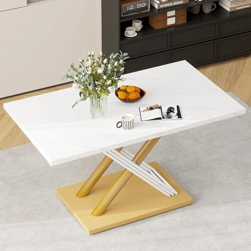 Merax Esstisch Weiß 140x80cm, mit Marmoroptik Tischplatte, für 4-6 Personen, Metallrahmen, verstellbare Tischbeine, Küchentisch Esszimmertisch für Restaurant, Wohnzimmer, Küche, Wohnzimmer, Weiß/Gold