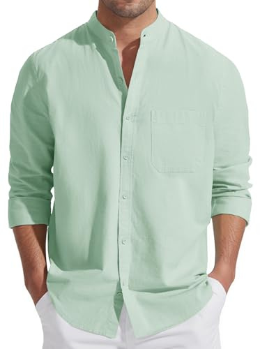 Friptspyg Chemise en Coton et Lin pour Homme - Manches Longues - Coupe Droite - Col Montant - Chemise de Loisirs - Chemise de Plage avec Poche