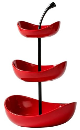 JUNYFFF Fruteros De Cocina Modernos Frutero 3 Pisos, Frutero De Cerámica Cesta De Frutas De 3 Niveles con Soporte Metálico para Decoración De Cocina, Verduras, Frutas, Aperitivo,Rojo