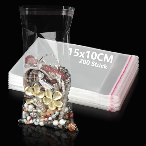 Klein Plastiktüten 200 Stk, 10x18CM Cellophantüten Selbstklebend, Transparent Kleine Tüten Zipbeutel für Süßigkeiten, Kekse, Schmuck, Geschenke, Lutscher