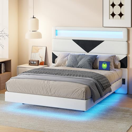 SHAODENG Polsterbett 160x200 Schwebebett mit LED-Beleuchtung, Bettgestell mit Lattenrost, Verstellbares Kopfteil, Jugendbett Funktionsbett Rückenlehne, Samt, ohne Matratze, Beige und Schwarz