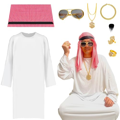 MmmLucipor Kostüm Arabischer Scheich, Scheich Kostüm Herren, Araber Costüm mit Kopftuch, Party Sonnenbrille, Falscher Bart, 1 Halsketten, 1 Armband, 2 Finger Ring, fur halloween, karnavel, party