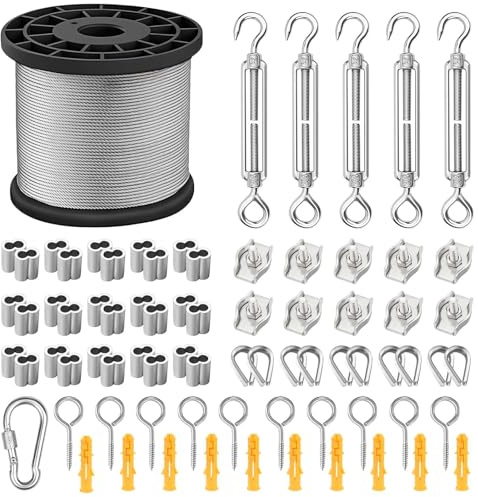ANOMM 50M Garden Wire for Climbing Plants, Cable with M5 Turnbuckle | 2mm PVC Coated Stainless Steel Wire Rope Kit for Climbing Plant, Fence Tensioners, Garden Wires, Outdoor String Light Hanging