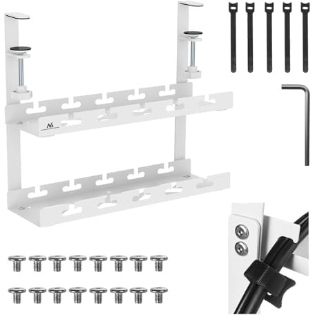 Maclean Untertisch-Kabelhalterung für Steckdosenleisten | Werkzeugfreie Klemmbefestigung | 40 cm Organizer für Schreibtisch Home-Office Gaming-Arbeitsplatz bis 5 kg (Weiß, 2 Ebenen/Länge: 400 mm)