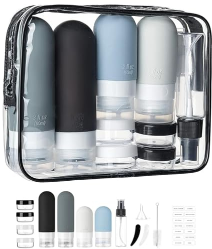 kingkindsun 16 Pack Travel Bottles Set,Leak Proof Silicone Squeezable Containers for Toiletries,Refillable Accessories for Shampoo,Lotion & Body (Black Pack)
