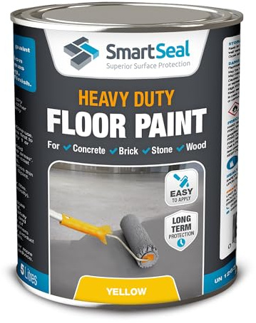SmartSeal Heavy Duty Floor Paint - Yellow, 5L - Hard-Wearing Garage Floor Paint with Anti-Slip Mid-Sheen Finish – also Ideal for Decking, Warehouse flooring, Brick, Concrete, Stone & Wood