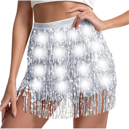 LED Glitzer Rock Damen Glitzerrock Fransen Pailletten Tanzrock Sexy Tüllrock Silvester Rave Outfit Party Pailettenrock Festival Fransenrock Kurz Karneval Kostüm Fasching Minirock