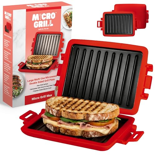Micro Grill MAX Microwave Sandwich Maker, Microwave Grill, Toaster, 3 Minute Grilled Cheese Sandwich Maker, Thick Silicone Cover, Safe Food Grade, Panini Press, Dishwasher Safe (Red, Large)