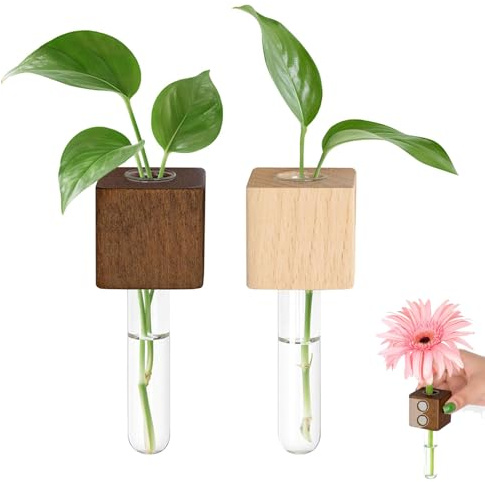 Muorruo Set mit 2 magnetischen Reagenzglas-Blumenvasen für den Kühlschrank, magnetische Pflanzgefäße aus Holz mit Glasröhrchen, Anzuchtstation für Hydrokultur (Pflanze Nicht enthalten)