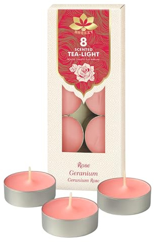 STL Breezy Scented Tea Lights - 8 Pack Strong Fragrance Tea Light Candles, Long Lasting Candle Tealights for Home Decor, Wax Burners & Relaxation (Rose Geranium)