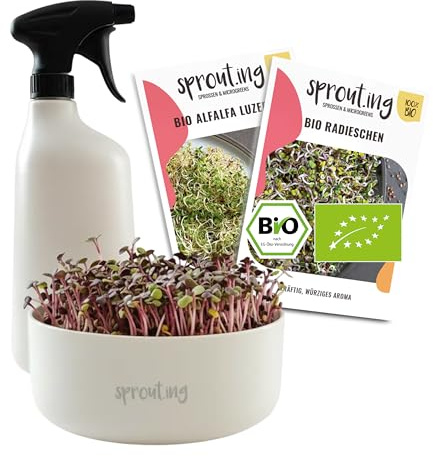 Plantura Bio-Sprossen Anzucht-Set (Starter), 2 Sorten, bis zu 18 Ernten | Keimstarkes Bio-Saatgut, für Sprossen & Microgreens, BPA-frei & spülmaschinengeeignet