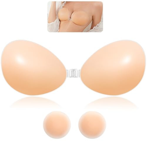 Invisible Strapless Sticky Bras - Reusable Stick On Push Up Bra for Women with 2pcs Nipple Covers, Women's Silicone Adhesive Backless Bras for Women Party, Wedding, Bar, Beach