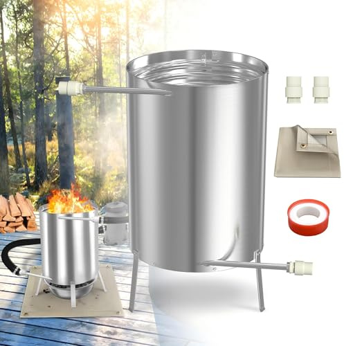 Suusolny 28L Edelstahl Poolheizung Feuertonne Mit Heizspirale, Ø32/ Ø38mm 2 in 1 Anschluss,Mit Feuerschutzmatte & Restasche Auffangwanne Brennholz Heizung-Silber,1 Stück