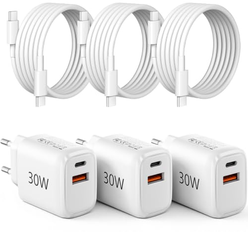 Cargador USB-C de 30W con Cable, Pack de 3 Unidades, Cargador rápido PD Doble Puerto con Cable de 2m, Adaptador de Corriente Enchufe USB-C Compatible con iPhone 16/15/14 y más Dispositivos