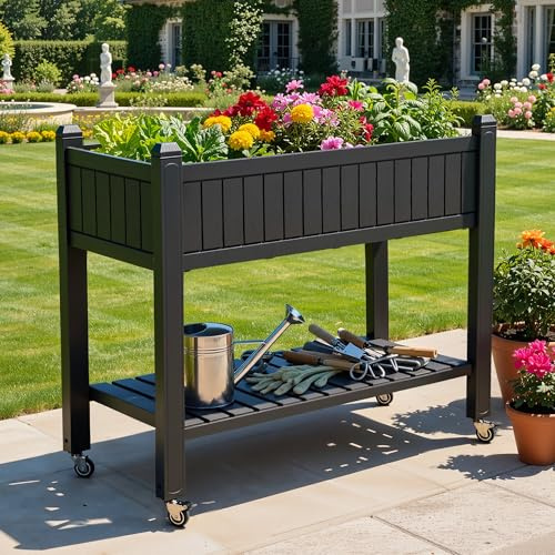 DWVO Raised Bed,108.5 * 44 * 89.5cm Elevated Planter Rectangle with Wheels | Raised Planter for Climbing Plant,Hold 6.8 kg for Vegetable Flower Black