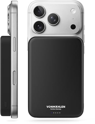 VONMÄHLEN Evergreen Mag Pro - Wireless Powerbank Qi2.2 10.000 mAh, Schwarz | Kompatibel mit MagSafe, 25W drahtloses Laden, magnetisch, Qi2.2-zertifiziert, nur 13,5 mm dünn, 3 Jahre Garantie