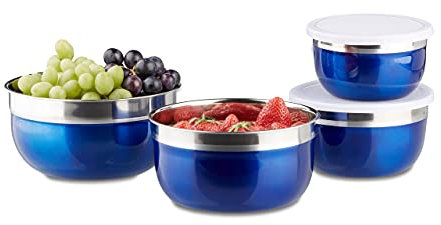 Relaxdays Boles con Tapa, Set de 4, Acero INOX y Plástico, Azul, Diferentes Tamaños, 18.4x18.4x9 cm, 4