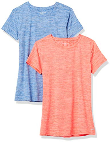 Amazon Essentials Women's Active Quick Dry Tech Stretch Short-Sleeve Crewneck T-Shirt (Available in Plus Size), Pack of 2, Coral Orange Space Dye/Light Blue Space Dye, L