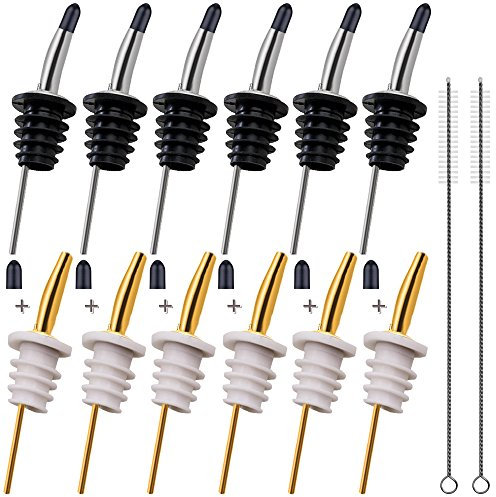 YuCool - Beccucci affusolati in acciaio inox, per bottiglie di vino e liquore, con cappucci antipolvere in gomma, include 2 scovoli per la pulizia, colore oro e argento, confezione da 12