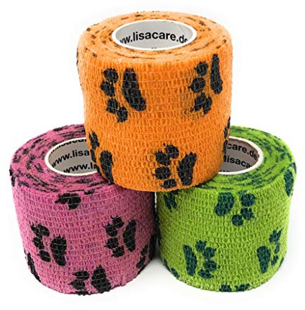 LisaCare Pfotenverband 5cm x 4,5m | 3er-Set mit Pfoten Motiv und Auswahl | Kohäsive Bandage | Wundverband | Pflasterverband | elastisch, dehnbar, selbsthaftend, ohne Kleben (3erSet-Pfotenmix2)