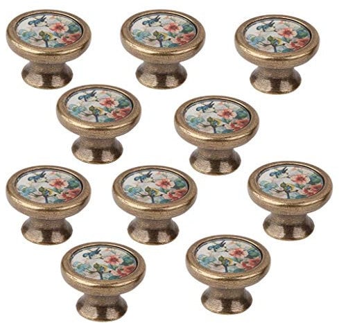 LOVIVER 10 Packs Bird Flower Pattern Door Knobs and Pulls for Kitchen Cupboard and Drawer