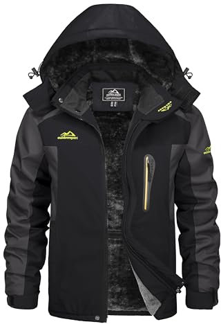 KEFITEVD Men's Winter Warm Hiking Jacket Waterproof Fleece Coat Softshell Outdoor Fishing Jackets with Multi Pockets,Black Grey,2XL